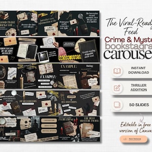 May include: A dark-themed graphic design for bookstagram carousels. The design includes elements like envelopes, books, magnifying glasses, and crime scene tape. Text includes "Crime & Mystery bookstagram carousels", "Instant Download", "Thriller Addition", and "50 Slides".