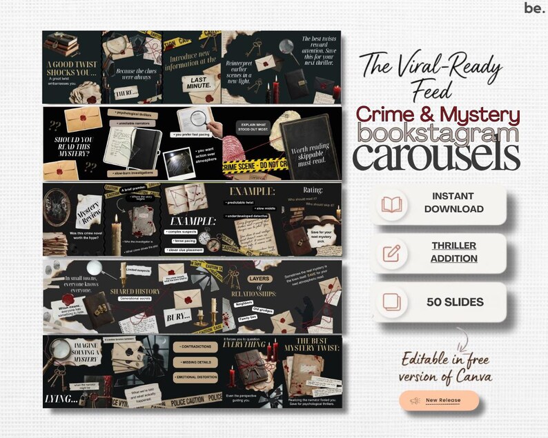 May include: A dark-themed graphic design for bookstagram carousels. The design includes elements like envelopes, books, magnifying glasses, and crime scene tape. Text includes "Crime & Mystery bookstagram carousels", "Instant Download", "Thriller Addition", and "50 Slides".