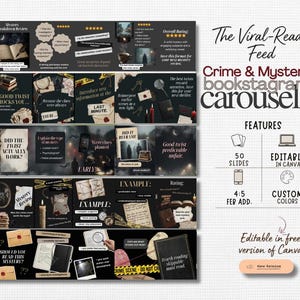 May include: A dark, stylized graphic with the text "Crime & Mystery bookstagram carousels" and various slides. The slides feature text and images related to mystery books, with icons indicating features like 50 slides and editable in Canva.