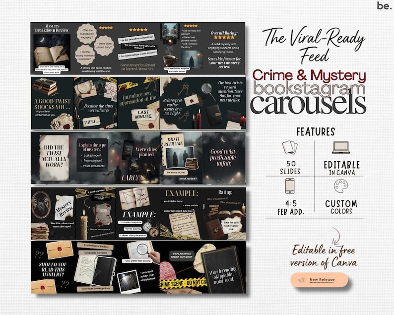 May include: A dark, stylized graphic with the text "Crime & Mystery bookstagram carousels" and various slides. The slides feature text and images related to mystery books, with icons indicating features like 50 slides and editable in Canva.