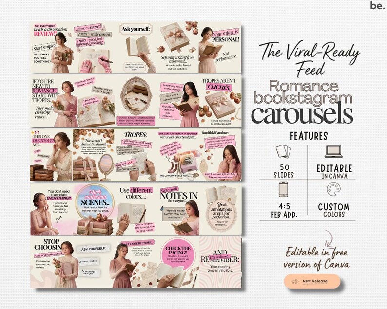 Romance Bookstagram Carousel Template | Canva, Booktok Content Creator & Book Review Instagram Post (Bookish Author Marketing)