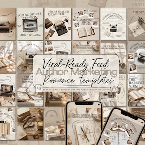 May include: A collection of social media templates for authors, featuring a vintage aesthetic with typewriters, books, and coffee. The templates are designed for romance novels and include the text "Viral-Ready Feed Author Marketing Romance templates."