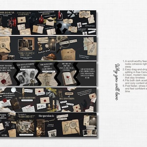 May include: A collage of images with a mystery theme, featuring elements like magnifying glasses, envelopes, and vintage books. The text includes phrases like "A Body is Found" and "Who Did It?" in a dark academia style.