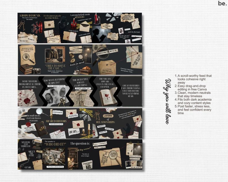 May include: A collage of images with a mystery theme, featuring elements like magnifying glasses, envelopes, and vintage books. The text includes phrases like "A Body is Found" and "Who Did It?" in a dark academia style.