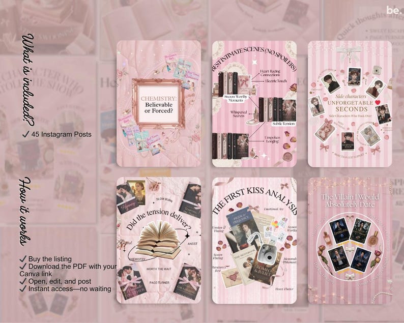 Bookstagram Canva Templates Pink Coquette: Book Review, Content Creator Booktok Instagram Trendy Bookish Reader Writer Author Social Media