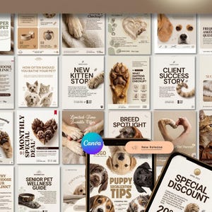 May include: A collection of beige and white social media templates for pet care services, featuring various dog and cat photography, paw prints, and text headers like Puppy Socialization Tips, Client Success Story, and Monthly Special Deal.