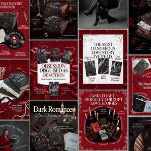 May include: A collage of book covers and related items, primarily in shades of black, red, and white. The image includes stacks of books, open books, and a vinyl record. Text includes "Dark Romance" and "Obsession Disguised as Devotion."