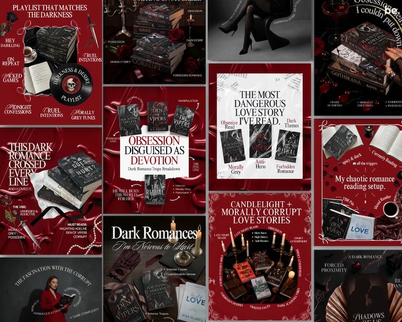 May include: A collage of book covers and related items, primarily in shades of black, red, and white. The image includes stacks of books, open books, and a vinyl record. Text includes "Dark Romance" and "Obsession Disguised as Devotion."