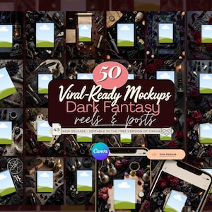 Puede incluir: Imagen promocional con 50 "Viral-Ready Mockups" para reels y publicaciones de "Dark Fantasy". La imagen muestra varias maquetas con una est&eacute;tica oscura y g&oacute;tica, incluyendo un smartphone que muestra una maqueta. El texto "NUEVO LANZAMIENTO" y el logo de Canva tambi&eacute;n son visibles.
