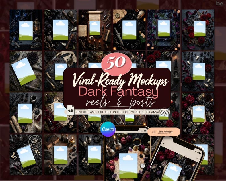 Puede incluir: Imagen promocional con 50 "Viral-Ready Mockups" para reels y publicaciones de "Dark Fantasy". La imagen muestra varias maquetas con una est&eacute;tica oscura y g&oacute;tica, incluyendo un smartphone que muestra una maqueta. El texto "NUEVO LANZAMIENTO" y el logo de Canva tambi&eacute;n son visibles.