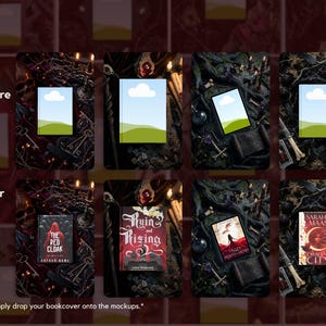 Puede incluir: Una imagen compuesta que muestra maquetas de portadas de libros. La fila superior muestra portadas de libros en blanco con un fondo de cielo y paisaje. La fila inferior muestra las mismas maquetas con portadas de libros, incluyendo "The Red Cloak". Texto: "Simply drop your bookcover onto the mockups."