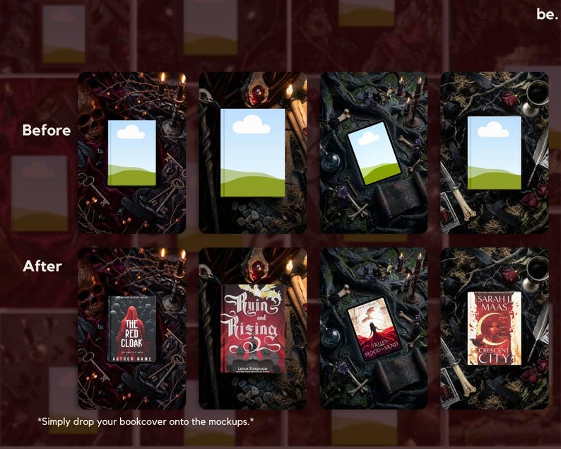 Puede incluir: Una imagen compuesta que muestra maquetas de portadas de libros. La fila superior muestra portadas de libros en blanco con un fondo de cielo y paisaje. La fila inferior muestra las mismas maquetas con portadas de libros, incluyendo "The Red Cloak". Texto: "Simply drop your bookcover onto the mockups."
