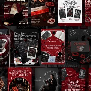 May include: A collage of book covers and promotional images with a dark romance theme. The images feature titles like "Morally Grey," "Forbidden Romance," and "Candlelight + Morally Corrupt Love Stories." The color palette is dominated by red, black, and white.