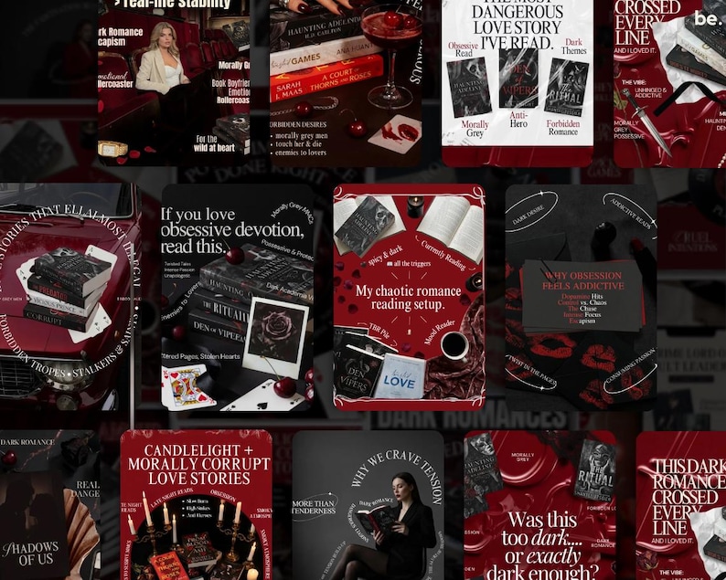 May include: A collage of book covers and promotional images with a dark romance theme. The images feature titles like "Morally Grey," "Forbidden Romance," and "Candlelight + Morally Corrupt Love Stories." The color palette is dominated by red, black, and white.