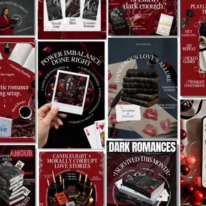 May include: A collage of book covers and promotional materials with a dark romance theme. The images feature stacks of books, text overlays, and a woman reading. The color palette is dominated by deep reds, blacks, and whites.