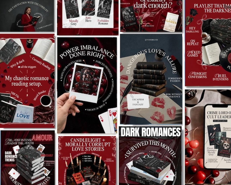 May include: A collage of book covers and promotional materials with a dark romance theme. The images feature stacks of books, text overlays, and a woman reading. The color palette is dominated by deep reds, blacks, and whites.
