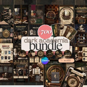 May include: A collection of digital products with a dark academia theme. The image features book covers, digital graphics, and a phone displaying a compass design. The text includes "dark academia bundle" and "+700". The color palette is dark with sepia tones.