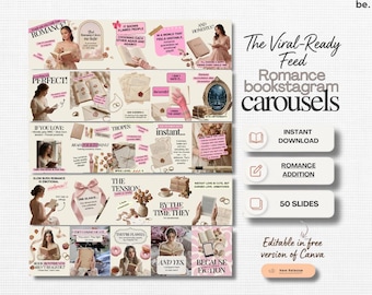 Plantilla de carrusel de libros románticos para Instagram / Canva, creador de contenido de Booktok y publicación de reseña de libros para Instagram (Marketing para autores literarios)