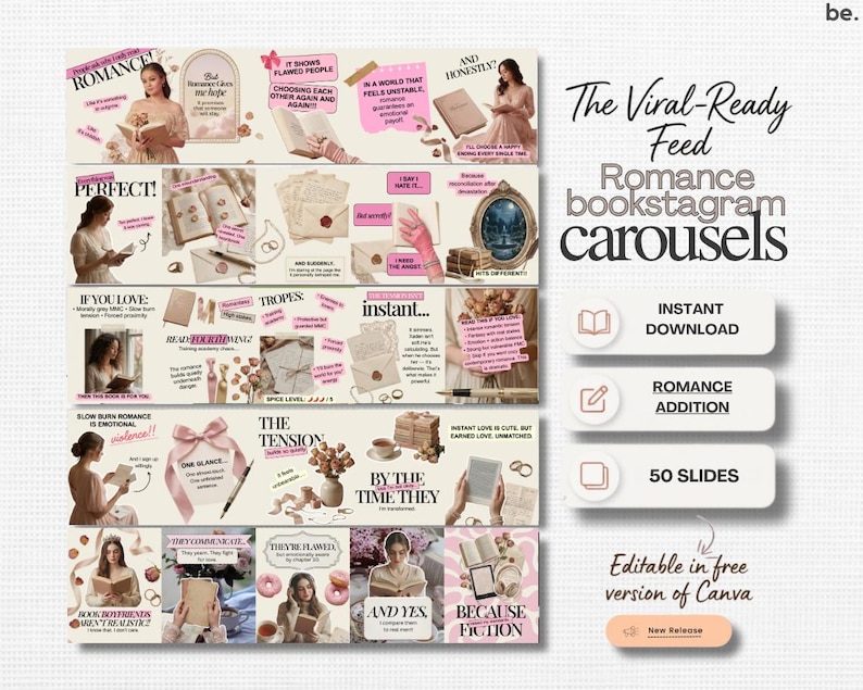 Romance Bookstagram Carousel Template | Canva, Booktok Content Creator & Book Review Instagram Post (Bookish Author Marketing)