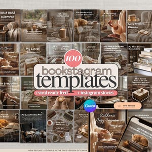 May include: A collection of 100 bookstagram templates with a cozy aesthetic. The templates feature various layouts with text overlays, including "Next Read Dilemma," "Author's Cozy Corner," and "My Latest Obsession." The image also includes a phone displaying a book cover.