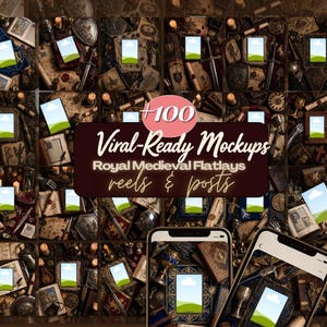 May include: A collage of medieval-themed mockups for social media. The image features various props like books, shields, swords, and candles. The text on the image reads "+100 Viral-Ready Mockups Royal Medieval Flatlays reels & posts."
