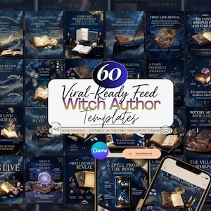 Könnte beinhalten: Eine Sammlung von 60 Viral-Ready Feed Witch Author Vorlagen. Die Vorlagen haben ein dunkelblaues und goldenes Farbschema mit Bildern von Büchern, Kerzen und anderen mystischen Elementen. Der Text enthält Sätze wie "First Line Reveal" und "Book Launch".