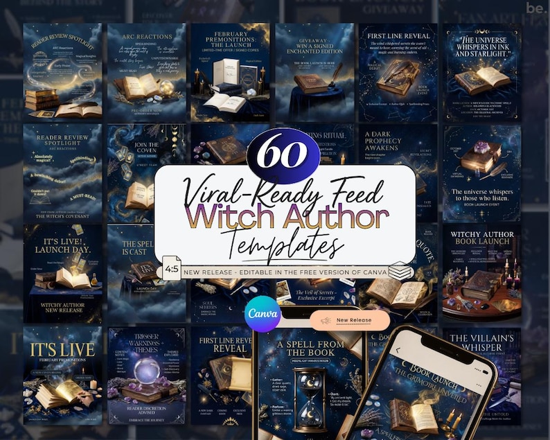 以下が含まれることがあります： 60のViral-Ready Feed Witch Authorテンプレートのコレクション。テンプレートは、本、ろうそく、その他の神秘的な要素の画像を備えた、濃い青と金の配色が特徴です。「First Line Reveal」や「Book Launch」などのフレーズが含まれています。