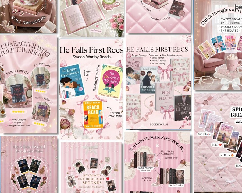 Bookstagram Canva Templates Pink Coquette: Book Review, Content Creator Booktok Instagram Trendy Bookish Reader Writer Author Social Media