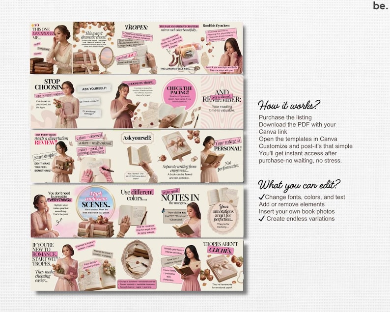 Romance Bookstagram Carousel Template | Canva, Booktok Content Creator & Book Review Instagram Post (Bookish Author Marketing)