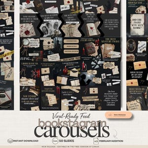 May include: A digital product advertisement for bookstagram carousels. The image features a dark, moody aesthetic with elements like envelopes, keys, and crime scene tape. Text includes "Viral-Ready Feed bookstagram carousels" and "Instant Download."