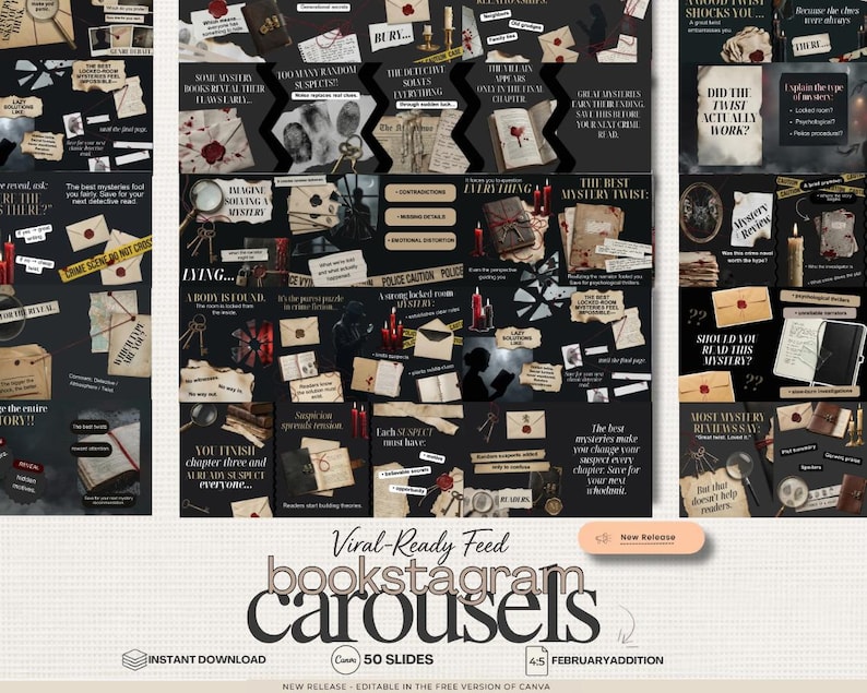 May include: A digital product advertisement for bookstagram carousels. The image features a dark, moody aesthetic with elements like envelopes, keys, and crime scene tape. Text includes "Viral-Ready Feed bookstagram carousels" and "Instant Download."