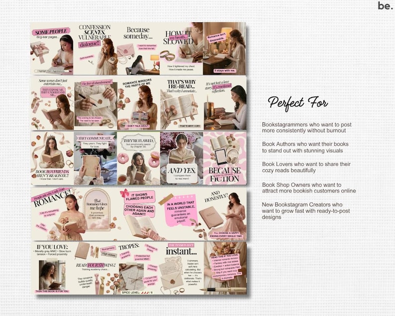 May include: A collage of images with text, featuring a soft, romantic aesthetic. The images include people, books, and decorative elements in a palette of pink, beige, and white. Text includes phrases like "Romance," "Because someday," and "Perfect For."