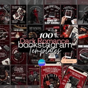 Op de afbeelding: Een collage van 100 Dark Romance bookstagram-sjablonen. De sjablonen hebben donkerrode en zwarte achtergronden met verschillende boekomslagen, afbeeldingen en tekstoverlays. De tekst bevat zinnen als "Psychologische spanning" en "Moreel corrupte liefdesverhalen."