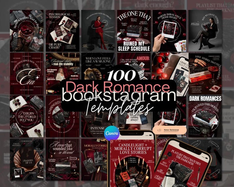 May include: A collage of 100 Dark Romance bookstagram templates. The templates feature dark red and black backgrounds with various book covers, images, and text overlays. The text includes phrases like "Psychological Tension" and "Candlelight + Morally Corrupt Love Stories."