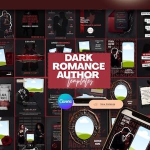 May include: A collection of dark romance author social media templates featuring black backgrounds, red accents, and placeholders for images and text. The central graphic displays the text DARK ROMANCE AUTHOR Templates with a Canva logo nearby.