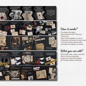 May include: A black and beige graphic design with text and illustrations related to mystery books. The design includes magnifying glasses, envelopes, and crime scene tape. The text includes phrases like "Who did it?" and "Mystery Great."