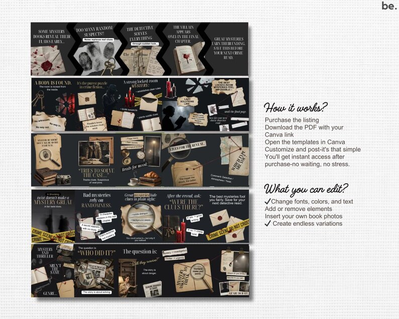 May include: A black and beige graphic design with text and illustrations related to mystery books. The design includes magnifying glasses, envelopes, and crime scene tape. The text includes phrases like "Who did it?" and "Mystery Great."