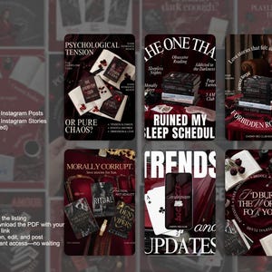 May include: A digital product mockup featuring Instagram posts and stories with a dark academia theme. The design includes book covers, text overlays, and a deep red color scheme. Text includes "Psychological Tension" and "Forbidden Romance."
