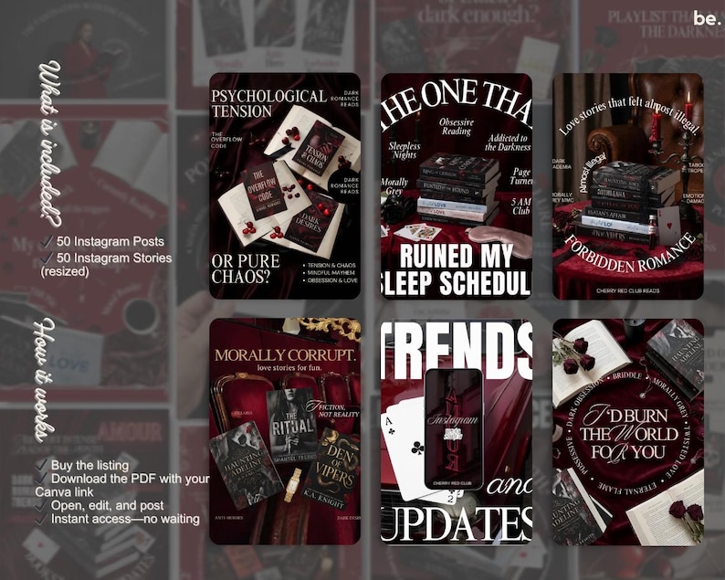 May include: A digital product mockup featuring Instagram posts and stories with a dark academia theme. The design includes book covers, text overlays, and a deep red color scheme. Text includes "Psychological Tension" and "Forbidden Romance."