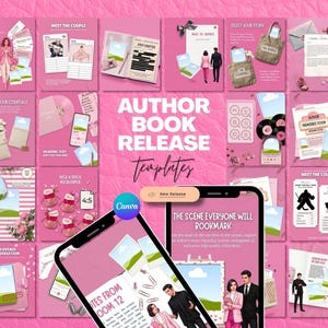 May include: A collection of digital social media templates for author book releases, featuring pink backgrounds, illustrated character profiles, book scene layouts, and promotional graphics, displayed on a smartphone screen and grid.