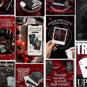 May include: A collage of images with a dark academia theme, featuring books, playing cards, and cherries. The text includes phrases like "Forbidden Romance," "Dark Romances," and "Crime Lord or Cult Leader?" The color palette is dominated by deep reds and blacks.