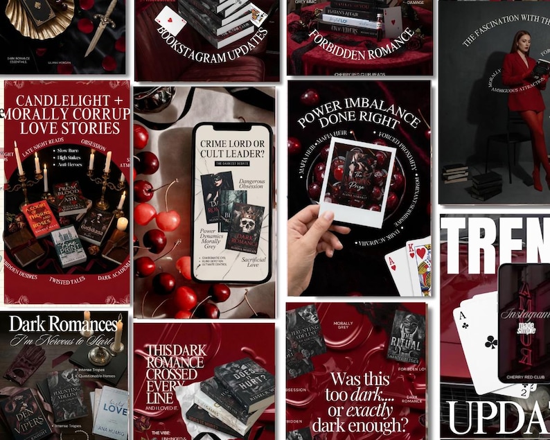 May include: A collage of images with a dark academia theme, featuring books, playing cards, and cherries. The text includes phrases like "Forbidden Romance," "Dark Romances," and "Crime Lord or Cult Leader?" The color palette is dominated by deep reds and blacks.