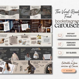 Op de afbeelding: Een grafisch ontwerp voor bookstagram carrousels met de tekst "The Viral-Ready Feed bookstagram carrousels". Het ontwerp bevat tekst en afbeeldingen met de woorden "Direct downloaden", "Februari toevoeging" en "50 dia's".