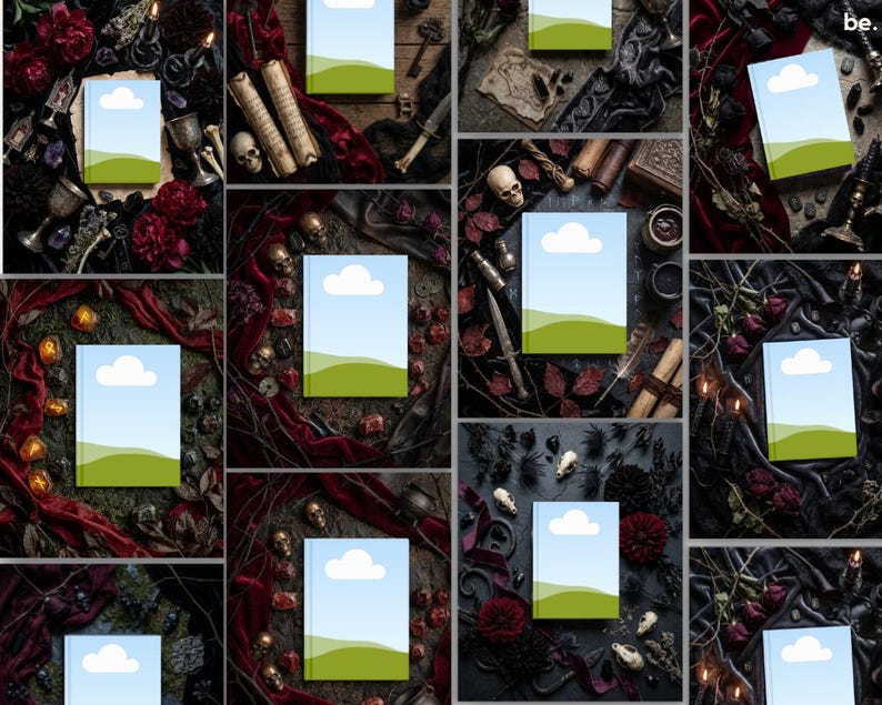 Puede incluir: Un collage de im&aacute;genes con libros con un dise&ntilde;o de cielo azul y paisaje verde en la portada. Las im&aacute;genes est&aacute;n rodeadas de objetos g&oacute;ticos y ocultos, incluyendo calaveras, velas y pergaminos antiguos.