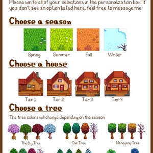 Puede incluir: Una gu&iacute;a con opciones de personalizaci&oacute;n, con pixel art de estaciones, casas y &aacute;rboles. Incluye opciones para primavera, verano, oto&ntilde;o e invierno. Se muestran los niveles de casa 1-4. Las opciones de &aacute;rboles incluyen The Big Tree, Oak Tree y m&aacute;s.
