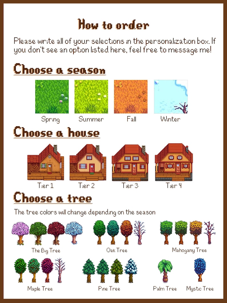 Puede incluir: Una gu&iacute;a con opciones de personalizaci&oacute;n, con pixel art de estaciones, casas y &aacute;rboles. Incluye opciones para primavera, verano, oto&ntilde;o e invierno. Se muestran los niveles de casa 1-4. Las opciones de &aacute;rboles incluyen The Big Tree, Oak Tree y m&aacute;s.