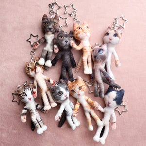 May include: A collection of nine plush cat keychains, each featuring a unique feline face and coat pattern. These soft, stuffed fabric figures are attached to silver-toned metal star-shaped key rings, showcasing various breeds and colours.