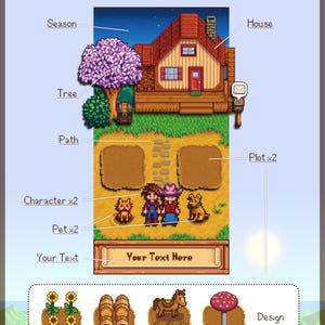 Puede incluir: Un gr&aacute;fico ilustrado con el texto "What You Can Customize". Presenta una casa, &aacute;rboles, personajes, mascotas y parcelas. La imagen incluye el texto "Your Text Here" y "Design your way!"