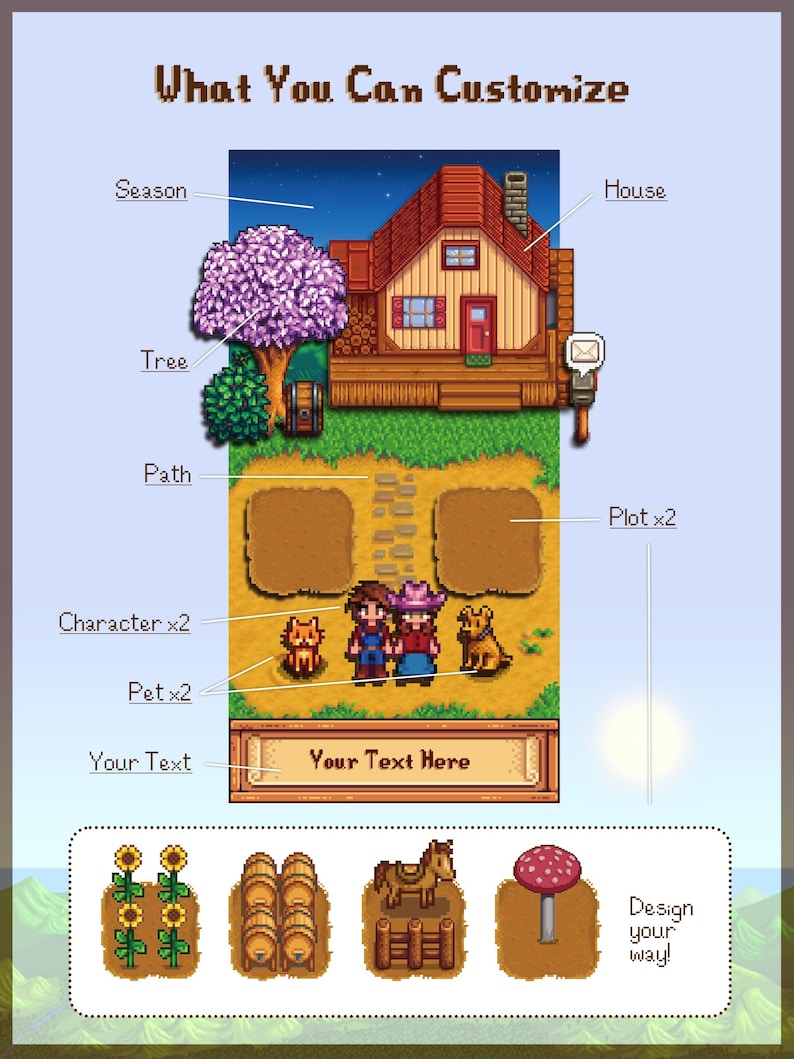Puede incluir: Un gr&aacute;fico ilustrado con el texto "What You Can Customize". Presenta una casa, &aacute;rboles, personajes, mascotas y parcelas. La imagen incluye el texto "Your Text Here" y "Design your way!"