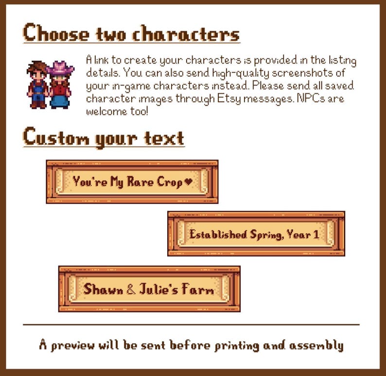Puede incluir: Gr&aacute;fico marr&oacute;n con texto que dice "Elige dos personajes" y "Personaliza tu texto". Debajo, tres letreros de madera con texto: "You're My Rare Crop", "Established Spring, Year 1" y "Shawn & Julie's Farm".